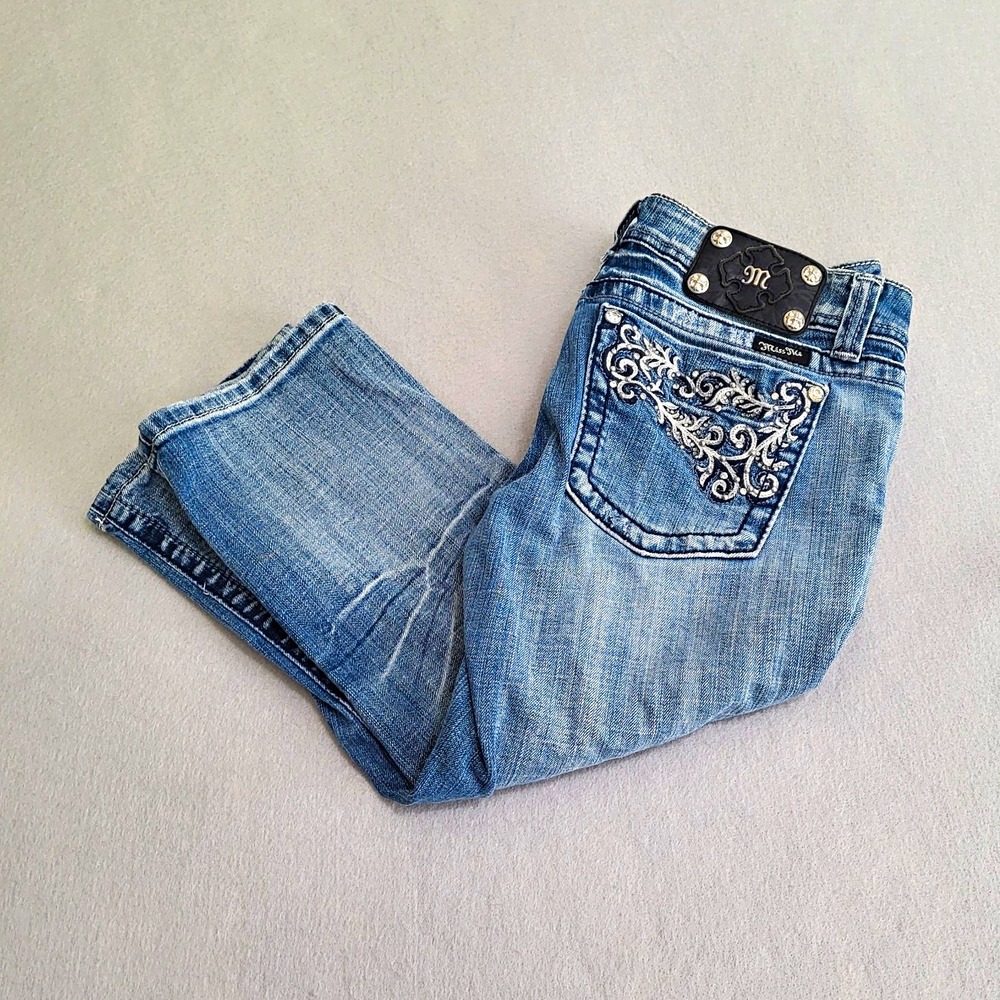 Miss Me Y2K Low Rise Embellished Cropped Capri Denim Blue Jeans Women's Size 30